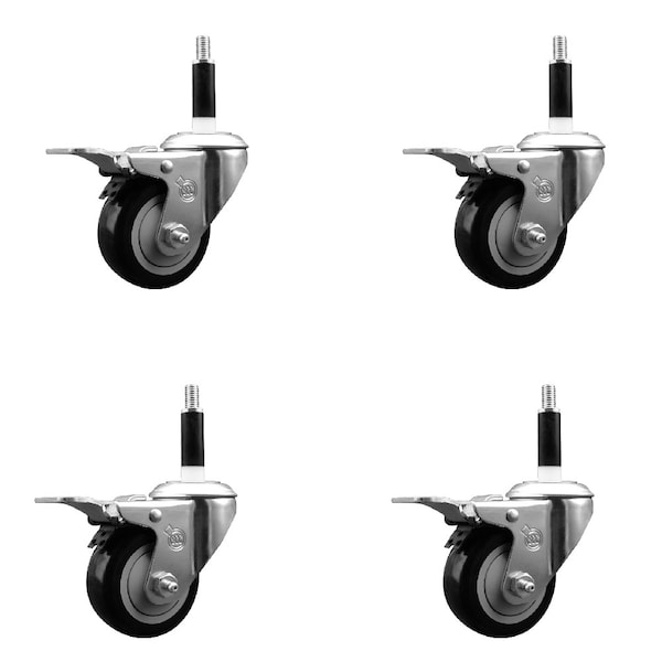 3'' Black Poly Swivel 7/8'' Expanding Stem Caster Set Total Lock Brake, 4PK